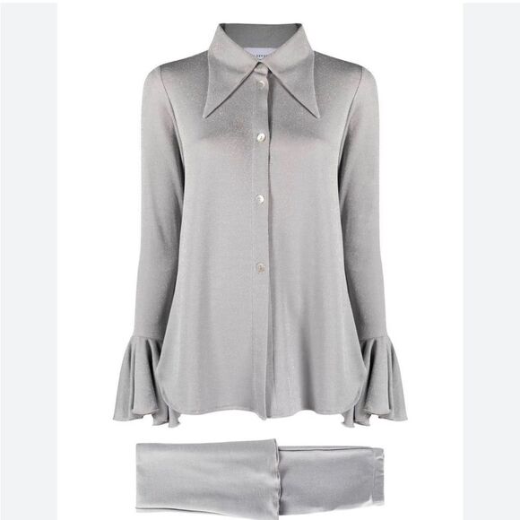 Sleeper Venera Lurex Lounge Suit Set Top and Pants Silver Flared Cuffs NWT $350 - Picture 9 of 11
